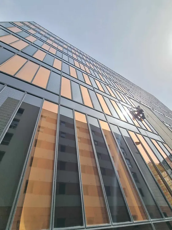 Cordiste en nettoyage le long d'une façade vitrée d'immeuble de grande hauteur